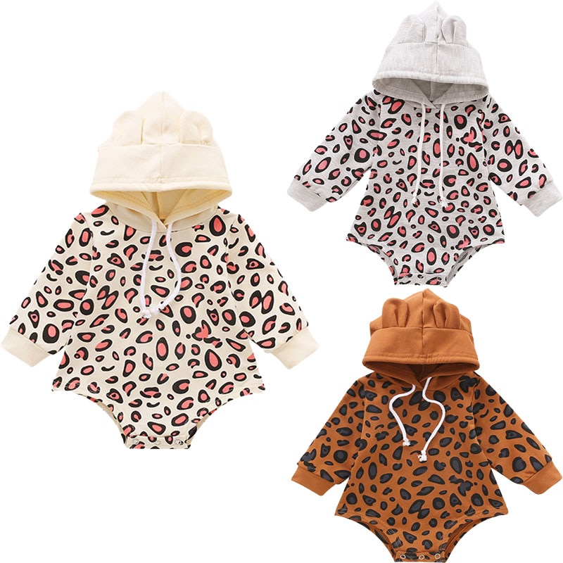 Peuter Baby Meisjes Jongens Oren Hoodie Jumpsuits Pak, Baby Lange Mouw Bodysuit, luipaard Afdrukken Hoodie Lente Herfst