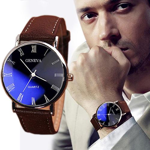 Männer Uhr Römischen Ziffern Blu-Strahl Faux Leder Band Quarz Analog Geschäft Armbanduhr