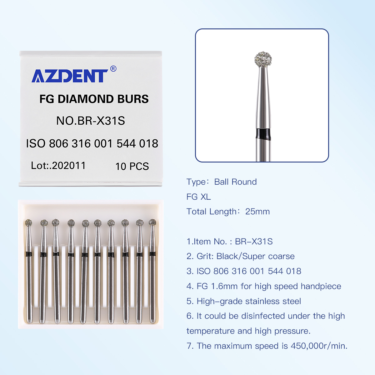 AZDENT Dental Diamond Bur FG Burs 1.6mm For High Speed Handpiece Length 25mm XL Type Ball Round Shape10pcs/Box: Pink