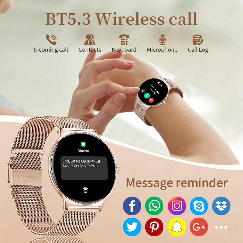 LIGE Nuovo Astuto Della Vigilanza Delle Signore 466*466 AMOLED HD Schermo Braccialetto di Salute delle Donne Quadranti Personalizzati Chiamata Bluetooth Sport Smartwatch Delle Donne
