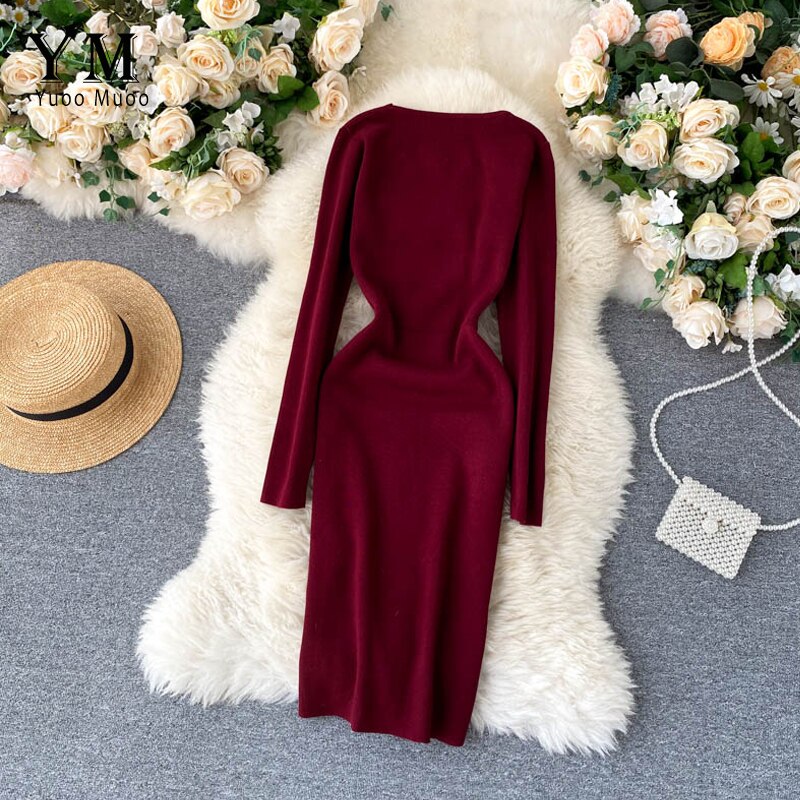 Yuoomuoo Gebreide Jurk Vrouwen Herfst Winter Eenvoudige V-hals Split Bodycon Jurk Elegante Knielange Werk Jurk Dames Jurk Vestido