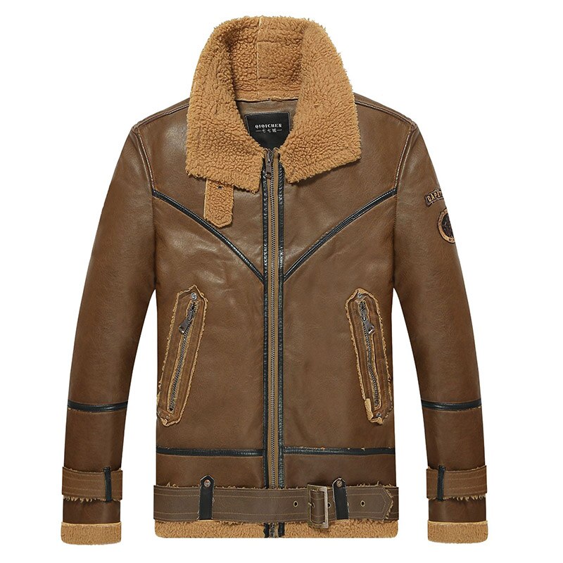 77City Killer Winter Leather Jacket Men Wool Jackets Outerwear Bomber Thick Warm PU Leather Retro Jackets Size M-2XL: khaki / XXL