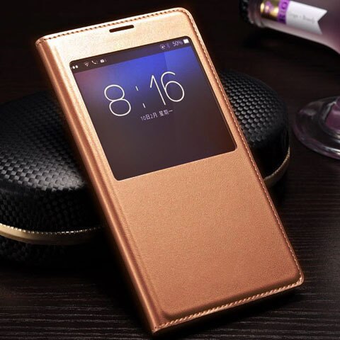 Flip Cover Leather Case Voor Samsung Galaxy S5 S 5 Galaxys5 Samsungs5 SM G900 G900F G900FD SM-G900F SM-G900 Smart View telefoon Case: Dark golden