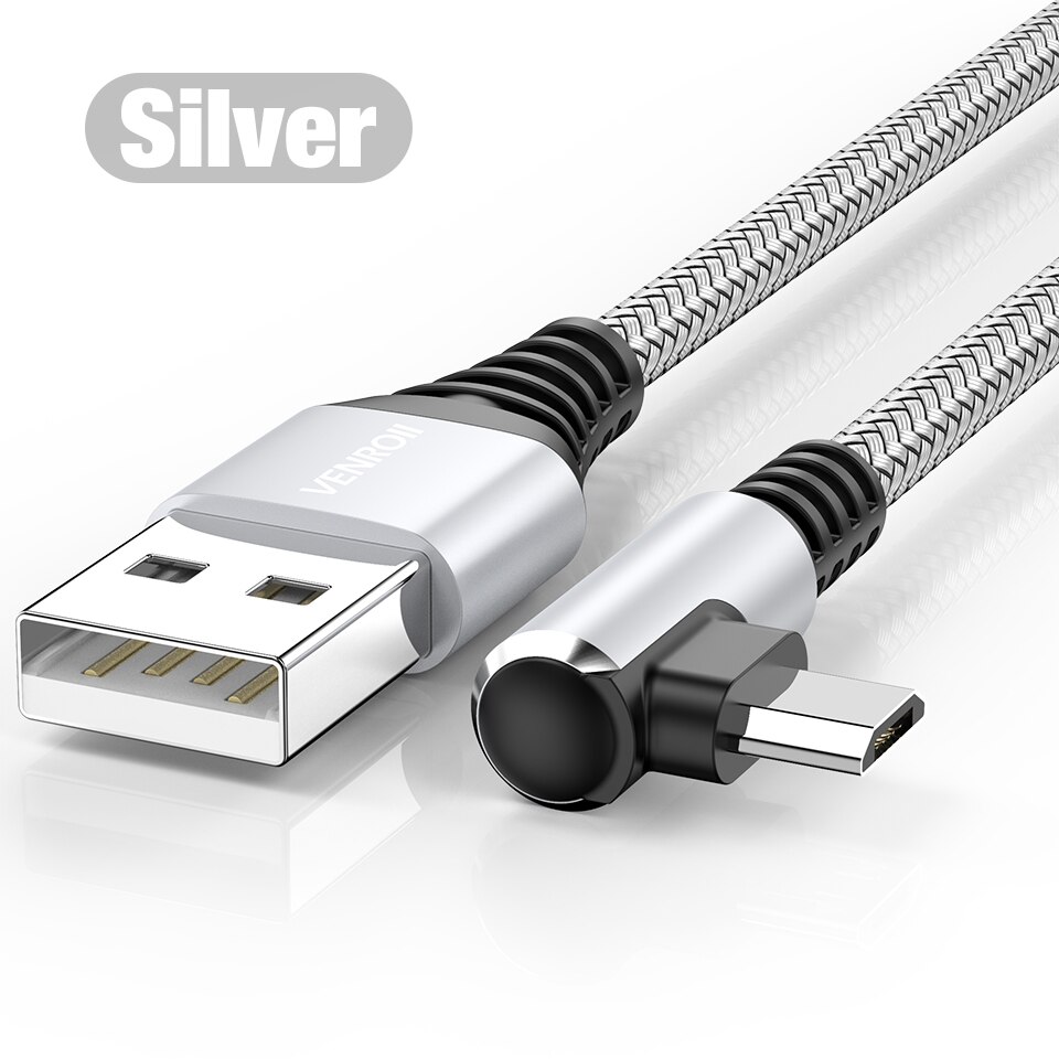 Venroii 90 Grau Rápido Carregamento Cabo Micro USB Do Telefone Móvel Cabo De Jogo Android Fio para Samsung Xiaomi Redmi 7A Huawei honra 8X: Silver / 1.8m