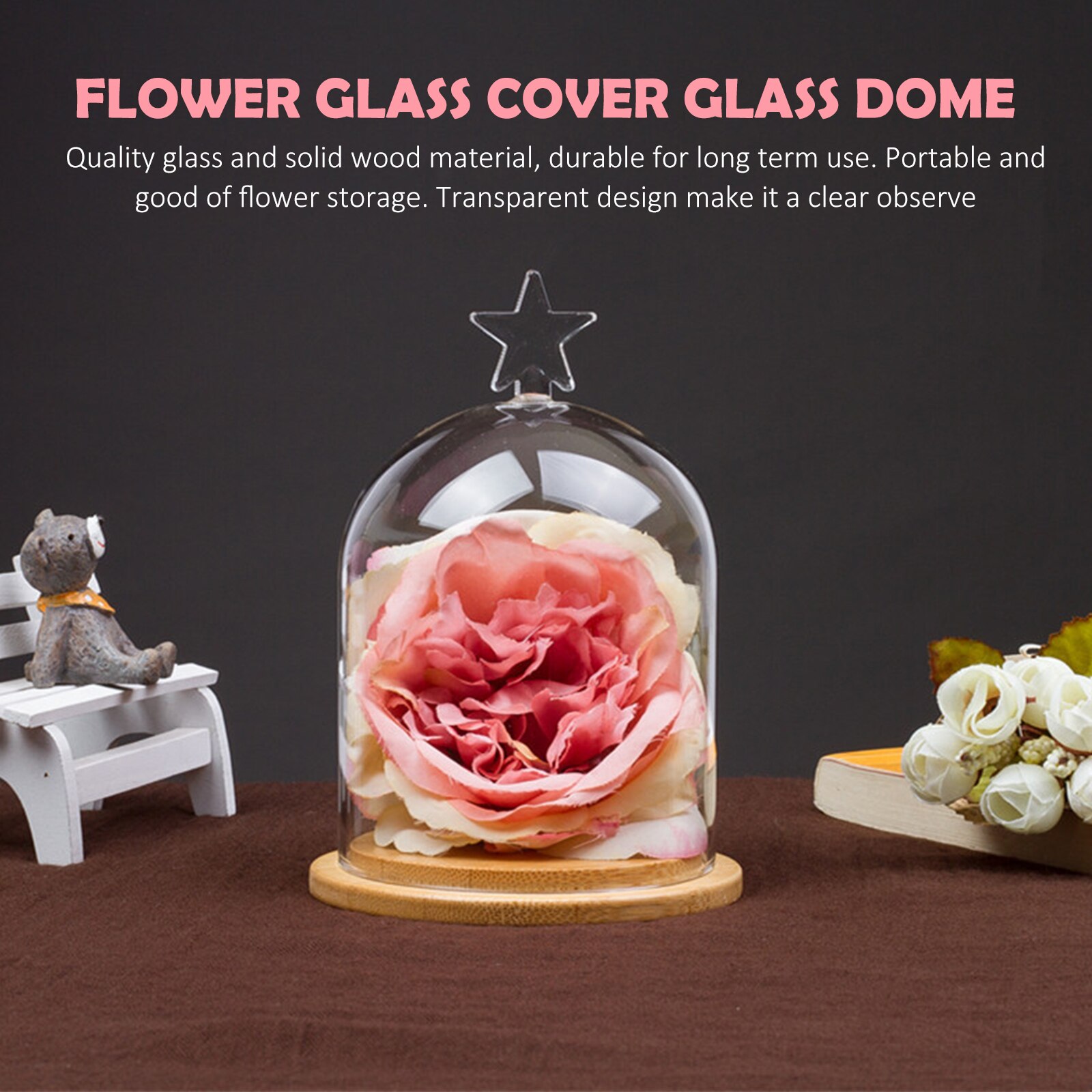 Dried Flower Display Glass Cover Preserved Flower Glass Cover DIY Transparent Glass Cover Loving Heart Glass Dome with Wood Base
