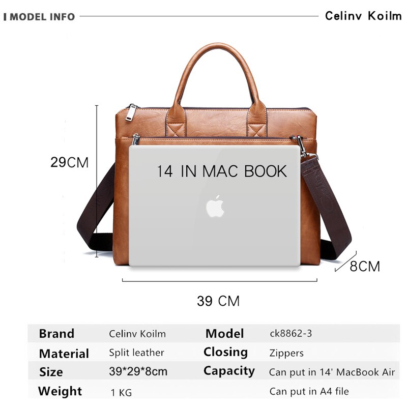 Celinv Koilm Men Briefcases Bag For 14 inch Laptop Business Travel Bags Handbags Leather Office Shoulder Bags For M