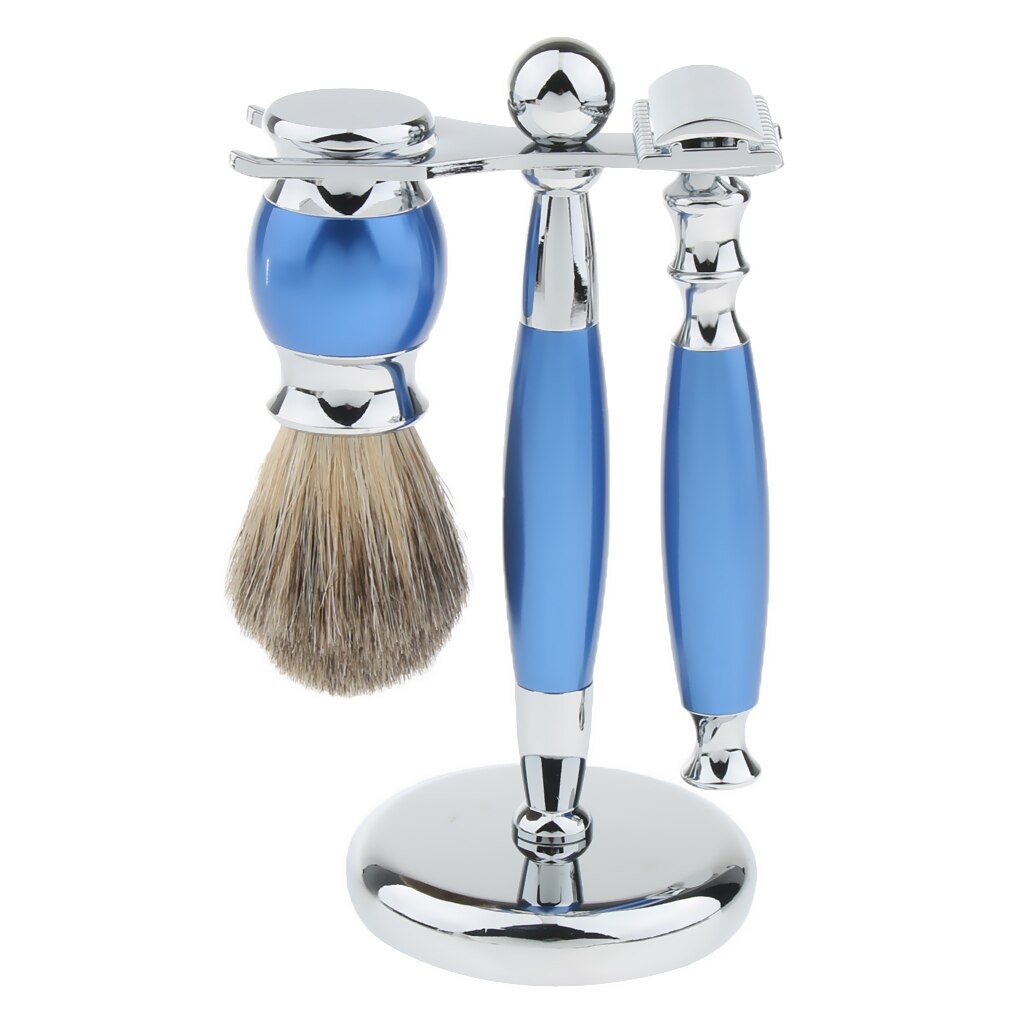 Traditional Luxury Grooming Shaving Set For Men - Including Double-sided Razors, Shave Brush, Alloy Stand Holder - Blue