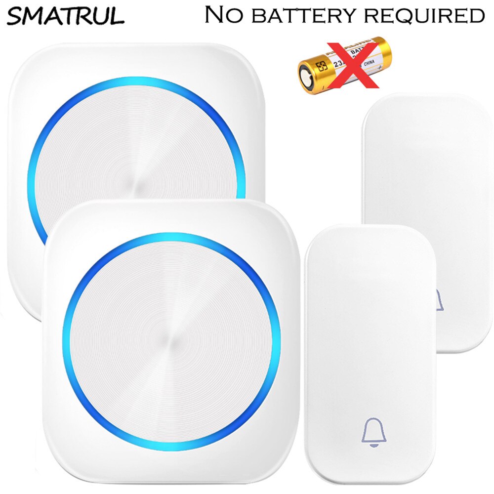 SMATRUL self powered Waterproof Wireless DoorBell Cordless Door Bell ring night light no battery EU plug home button Receiver: white EU 2X2