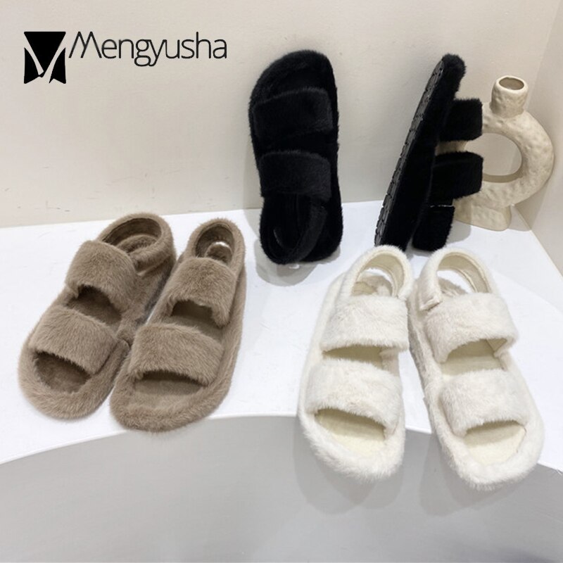 Vinter mink pels sandaler kvinner elastisk stropp gladiator sandaler bomullssko studenter flipflops kvinne dobbeltbånd lodne sandalier