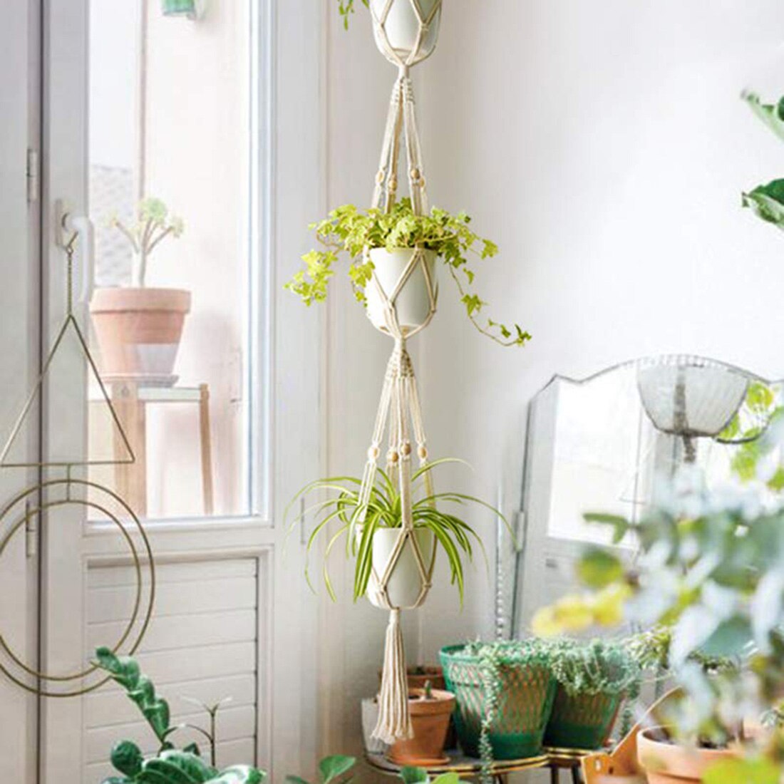 Colgador de macramé para plantas, juego de 5 macetas colgantes de pared para interior, cesta, soporte para maceta, decoración Bohemia para el hogar