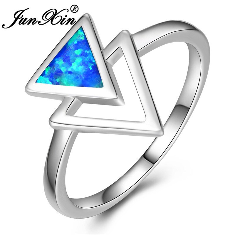 Geometrisk trekant blå hvid brand opal ringe til kvinder mænd sølvfarve simpelt bryllup band lover forlovelsesring smykker: 7 / Blå opal ring