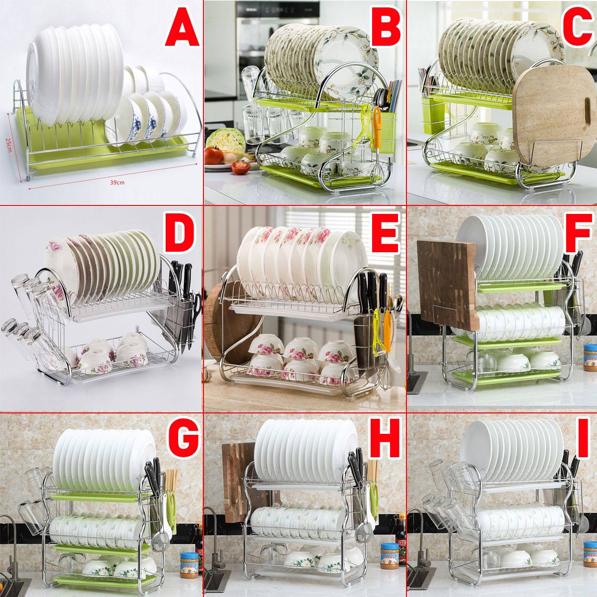 Estante de secado de platos de 2/3 niveles, cesta de hierro chapado, soporte para lavado del hogar, escurridor de platos para fregadero de cocina, estante organizador