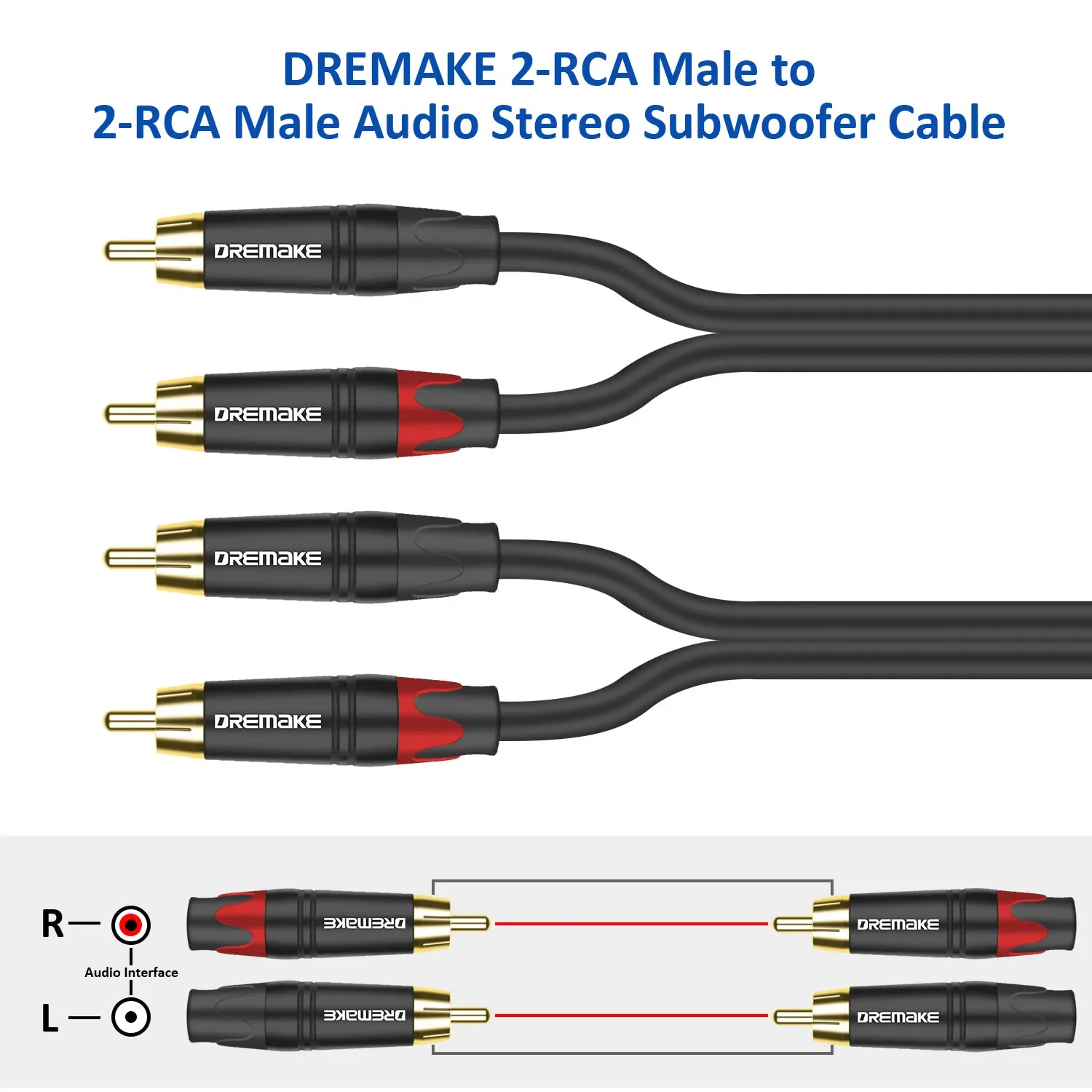 DREMAKE RCA Audio Cable 2RCA To 2RCA Interconnect Cable Dual RCA Stereo M-M Splitter Adapter Cord for Amplifier TV CD/DVD