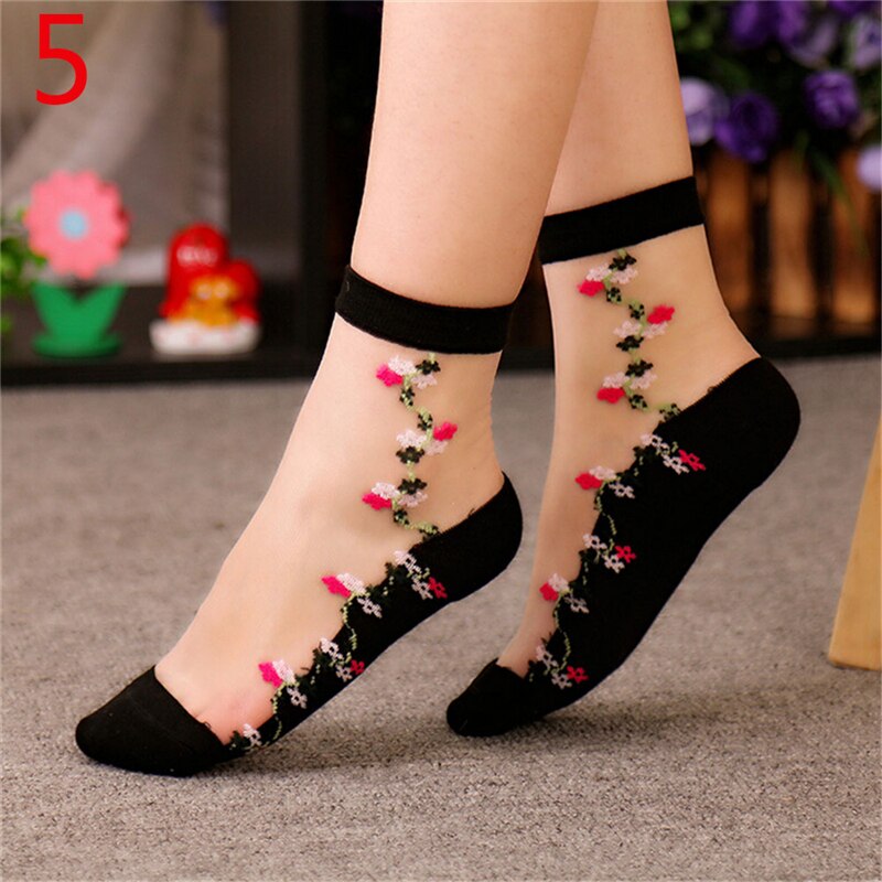 1Pair Women Soft Sheer Silk Cotton Elastic Mesh Knit Transparent Flower Lace Ankle Sock
