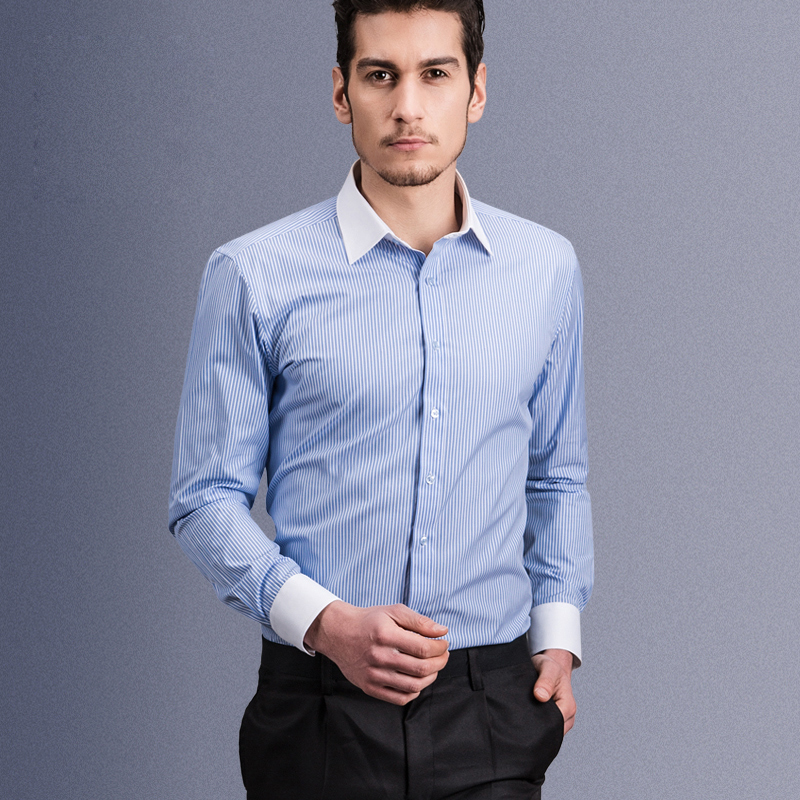 Heren Stijlvolle Lange Mouw Gestreept Overhemd Contrast Kraag En Manchetten Formele Zakelijke Regular-Fit Work Office Knop up Shirts