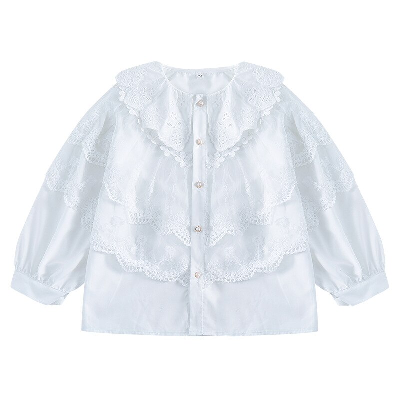 Camisa de encaje bordado para niña adolescente, Blusa de manga larga abombada de algodón con volantes para niña, blusas informales blancas para niño