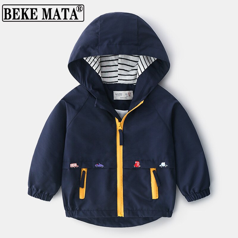 Chaqueta cortavientos con capucha para niño, prendas de vestir a prueba de viento, con cremallera, coche de dibujos animados, 2 a 6 años, informal, Otoño,