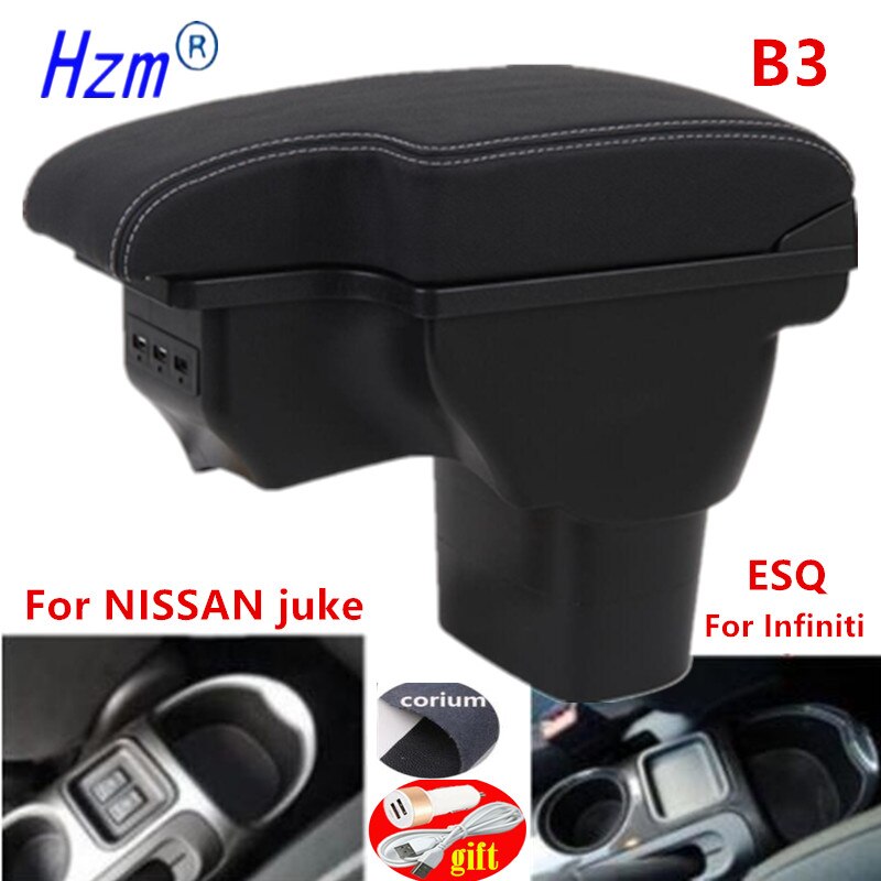 Koolstofvezel Voor Nissan Juke Armsteun Doos Voor Infiniti Esq Auto Armsteun Accessoires Interieur Opbergdoos Onderdelen usb Led: B3 Real Corium