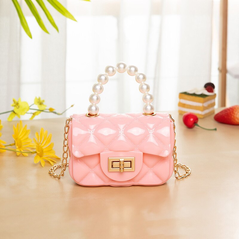 Mini Fasion - Small Shoulder Bgas Jelly Cute Crossbody bag Women Tote Pearl Handle Handbags Top-Hanlde-Bags: Pink