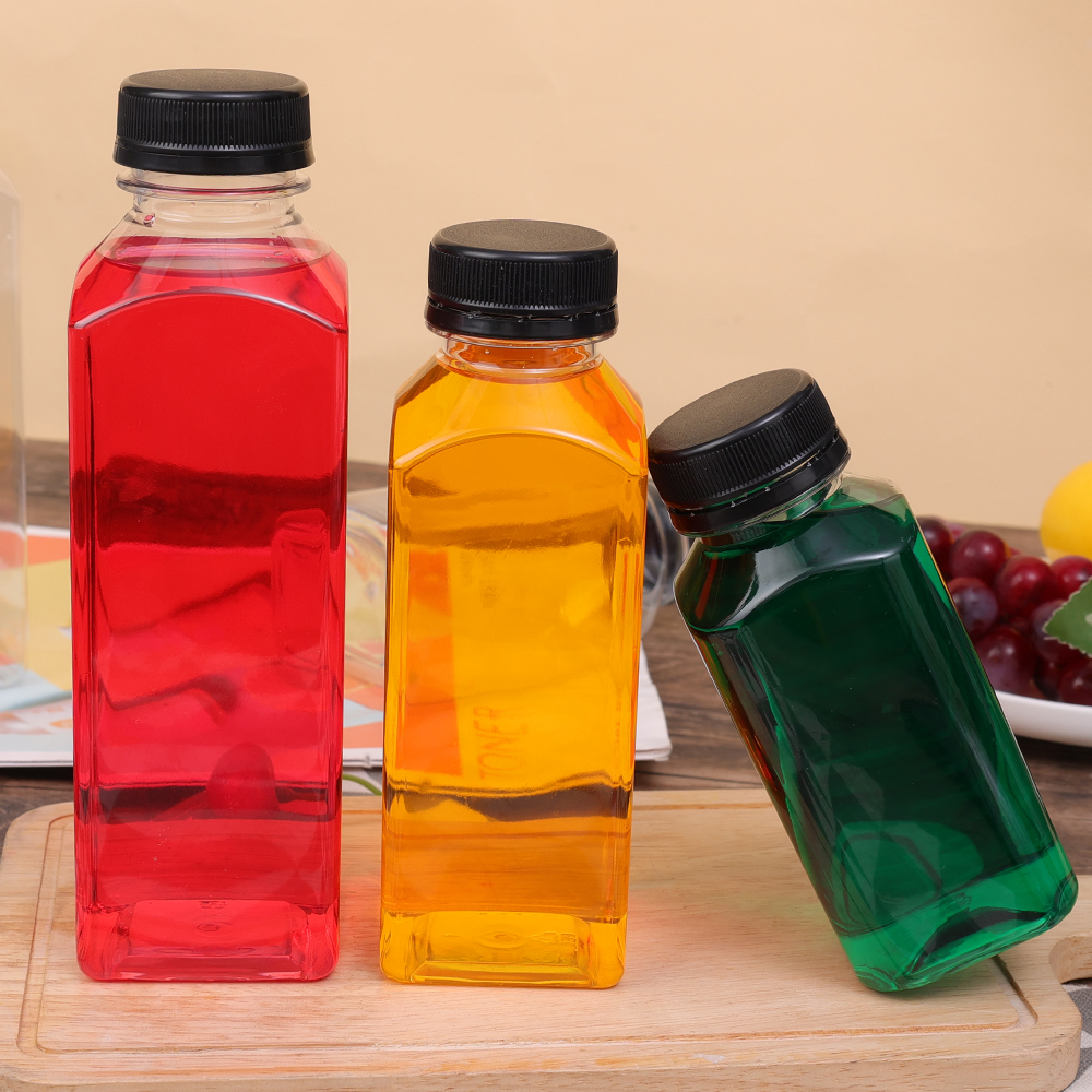 Leere Saftflaschen aus Kunststoff mit Kappen, Wasserflaschen, transparente Getränkebehälter in großen Mengen mit Deckel, Entsafter-Trinkmilch-Marmeladenbehälter
