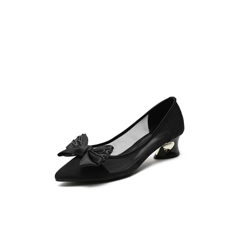 4Cm Mode Satijn Wees Teen Dikke Lage Hakken Met Boog Bruiloft Bruid Vrouwen Beige Schoenen 40 41: black 4cm / 35
