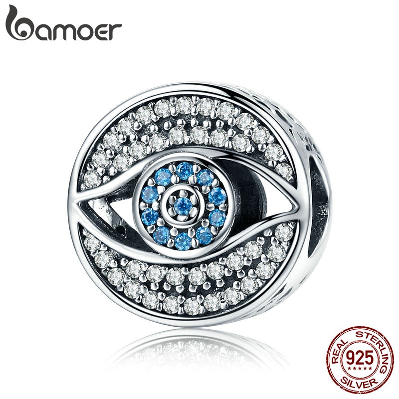 BAMOER auténtica Plata de Ley 925 Ojo Azul de la suerte claro CZ cutting Charm Beads fit mujeres Charm Bracelet DIY Jewelry SCC565