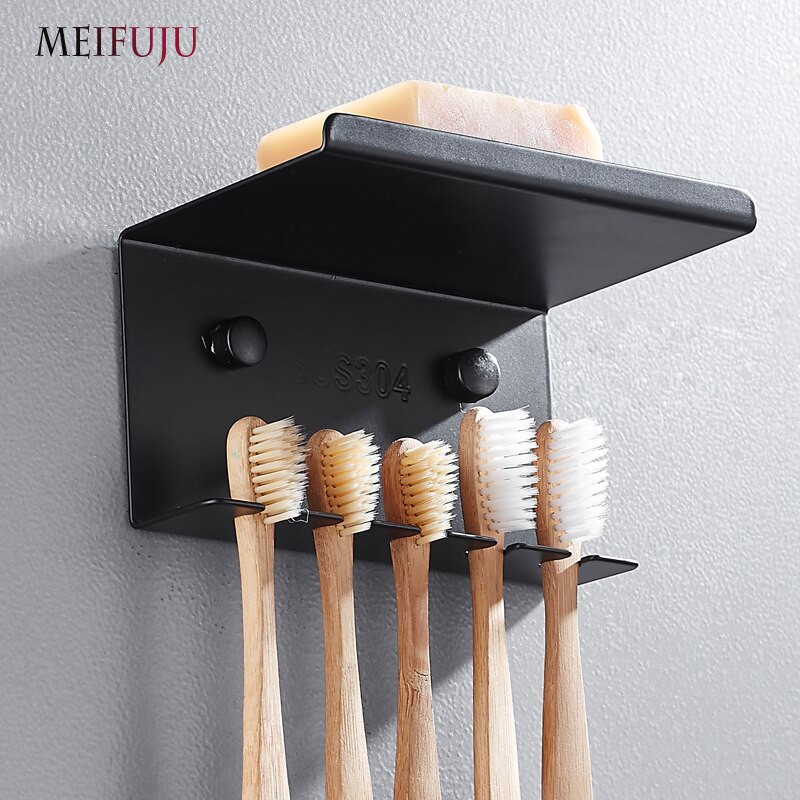 MEIFUJU Black Bathroom Shelves SUS304 Stainless Steel Toothbrush Holder with shelf phone Dish Wall-mounted Bathroom Accessories