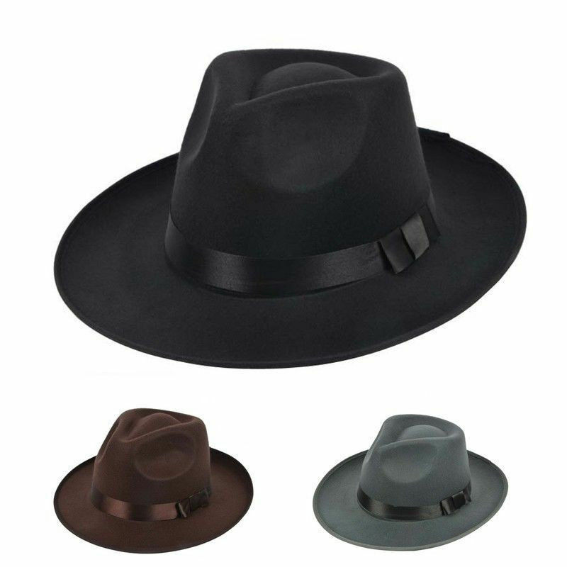 Vintage Men Women fedora derby bowler wool sun-shade brim Belt Felt Hat Wide Brim Fedora Trilby Panama Hat Gangster Cap