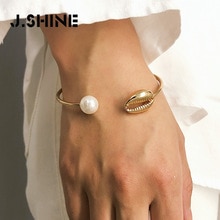 J. zonneschijn Twee-tone Boho Natuurlijke Shell Armbanden Bangles Eenvoudige Seaside Porceleinslak Imitatie Parel Armband op Vrouwen Hand Beach Sieraden