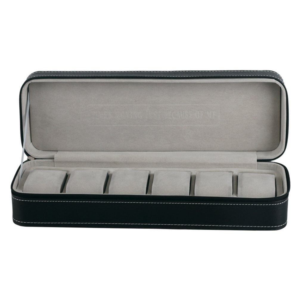6 slots sortgrå pu læder pratisk ur opbevaring display holder kasse med lynlås kistemballage til mænds valentine