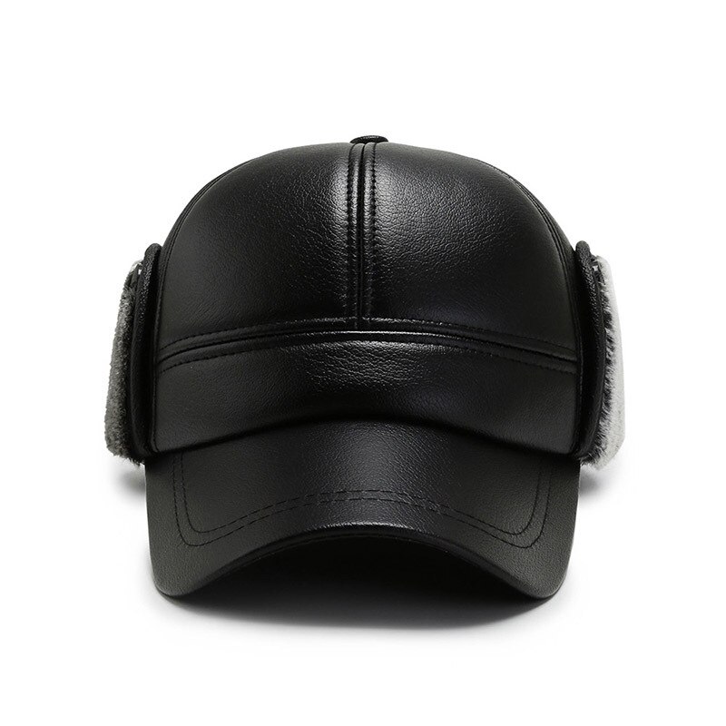 Zwarte pu leren wintermutsen snapback oorkleppen baseballpet heren gehoorbescherming skimuts outdoor plus fluwelen verdikking warm  l15