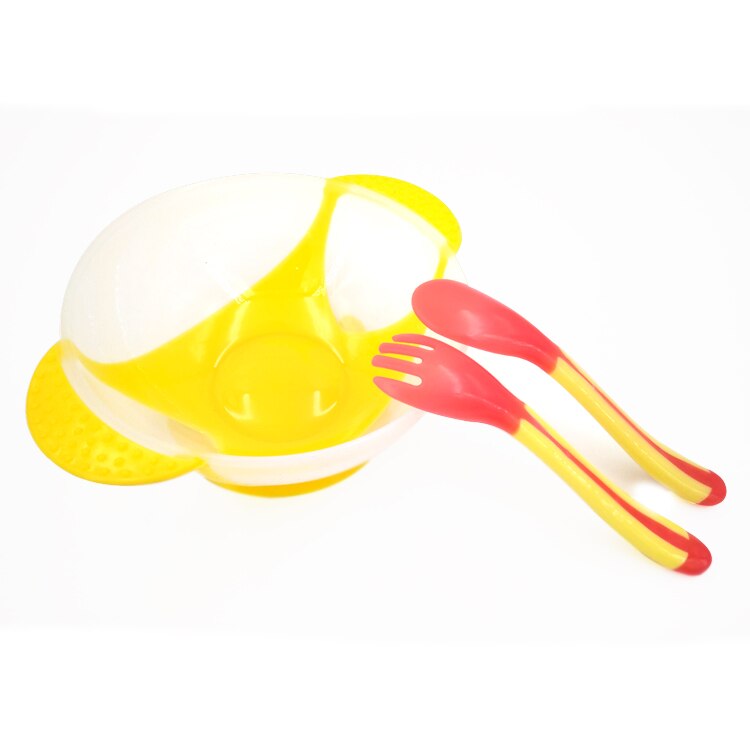 Baby skål temperatur sensing fodring ske barn bordservice mad skål læring retter service plade / bakke sugning servise sæt: Gul sæt
