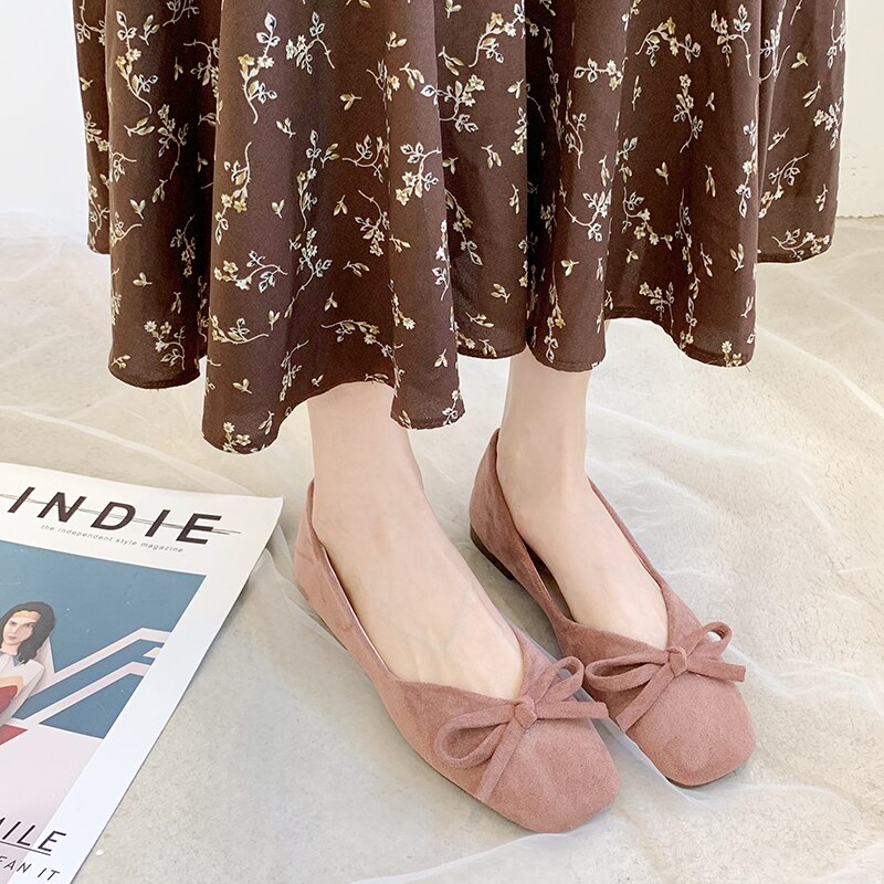 Rimocy Spring Bowknot Flat Shoes Woman Faux Suede Square Toe Boat Shoes Women Casual Non-slip Black Flats