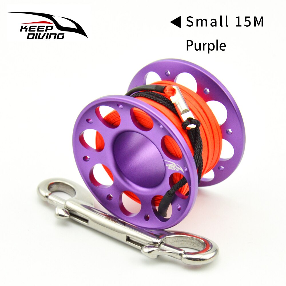 Carrete de dedo de aleación de aluminio para buceo, de 15M/30M, de acero inoxidable con gancho de doble extremo, equipo SMB para buceo en cuevas: Purple 15M