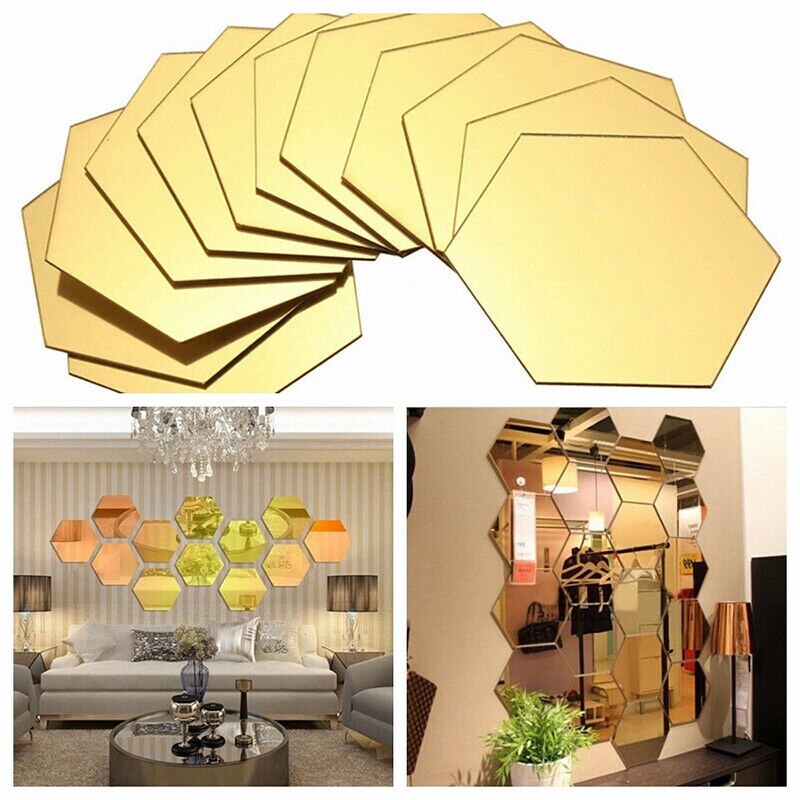 12Pcs 3D Hexagon Plastic Mosaic Mirror Wall Stickers DIY Art Home Decor Living Room Decorative Tile Stickers Room Accessories