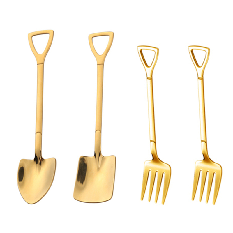 4PCS Coffee Spoon Cutlery Set Stainless Steel Retro Iron Shovel Ice Cream Spoon Fork Spoon Fruit Fork Tableware