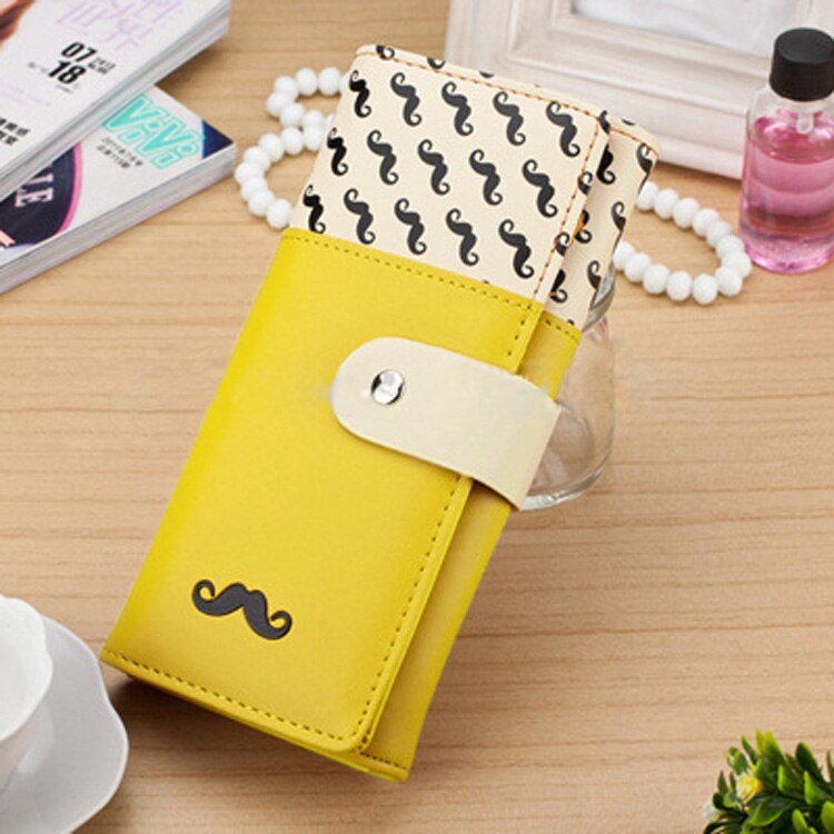 Cartera con broche de cuero PU, cartera con patrón de lindos bigotes, cartera para Mujer, monedero, tarjetero, cartera para Mujer: yellow