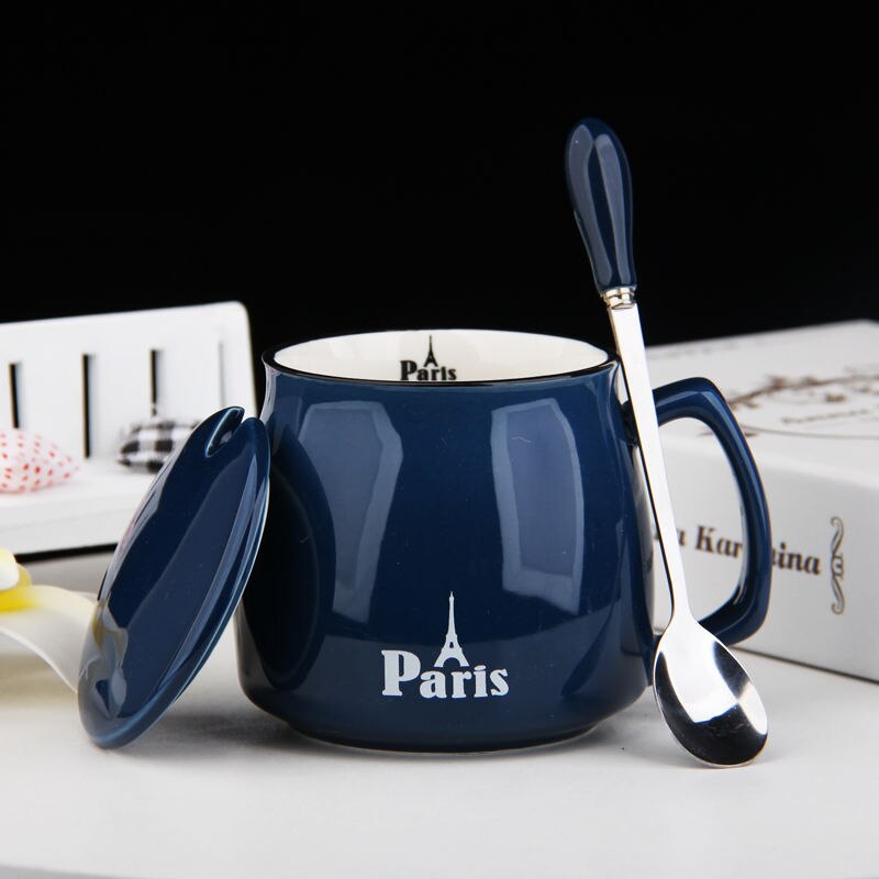 400ml Color Cartoon Ceramics Mug With Spoon Heat Resistant Coffee Milk Tea Mugs Breakfast Cup Drinkware Novelty: blue
