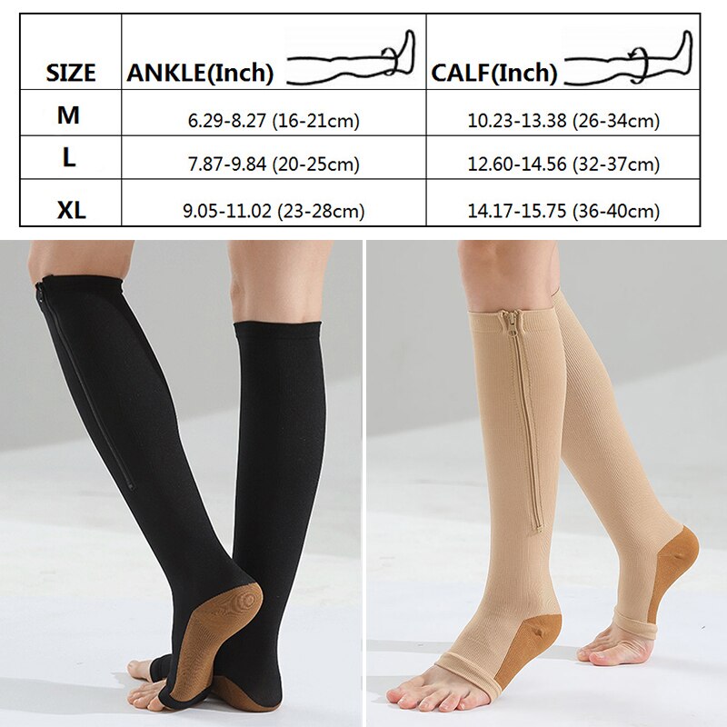 Chaussettes de Compression pour hommes et femmes, chaussettes de soutien du genou, fermeture éclair, bout ouvert, fines, Anti-Fatigue, chaussettes hautes, extensibles, unisexes,