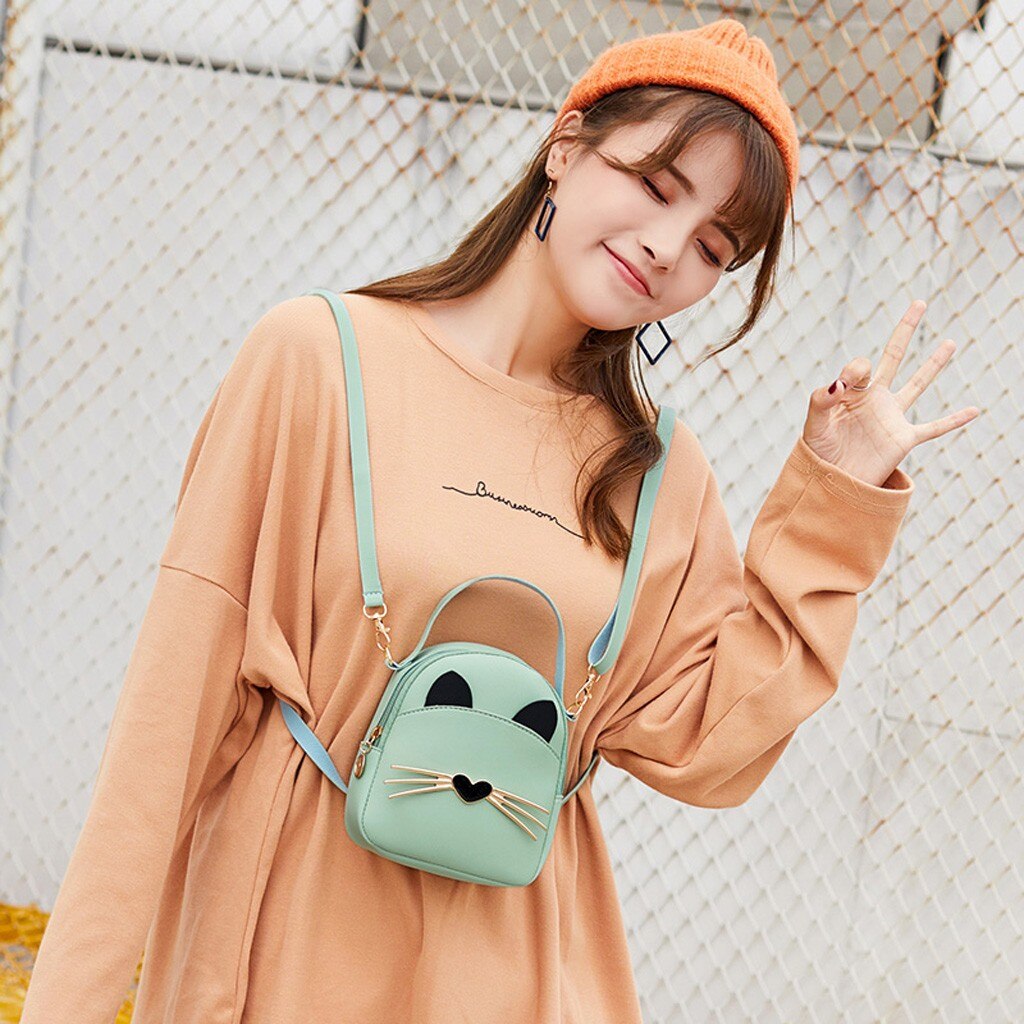 Solid Leather Cat Beard Backpack Shoulder Bag Teenage Girls Mini Female School Bagpack Purse Cute Cat Small Women Backpack