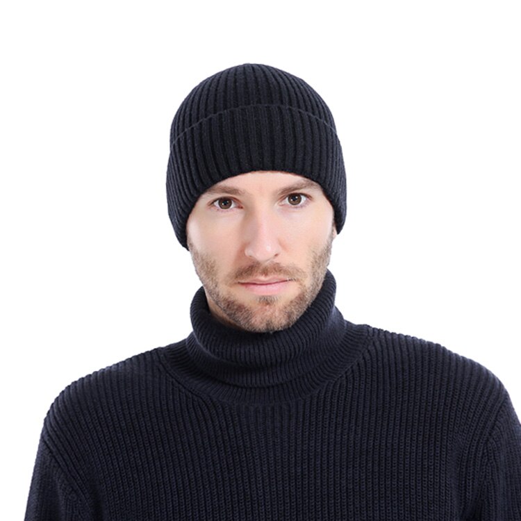 Men's Winter Warm Winter Hats Thick Wool Soft Knit Hats Stylish Casual Beanie Skullies Cozy Cotton Ski warm protect ear hats: Black