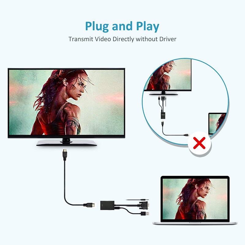 Convertidor VGA a HD para ordenador, portátil, TV, proyector, entrada VGA, salida compatible con HDMI, adaptador de Cable de Audio y vídeo de alta definición