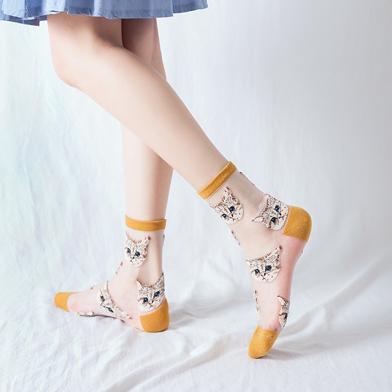 3 par kvinnor och #39 sommar genomskinliga nätstrumpor tecknad söt kattstrumpa bomull glasfilament tunna damstrumpor som andas