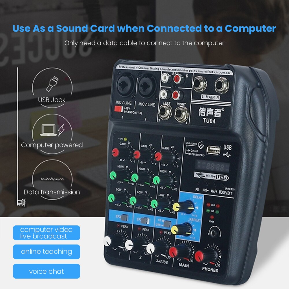 4 kanalers mixerpult bluetooth lydkort dj audio interface usb lyd mixer mikrofon 48v phantom power