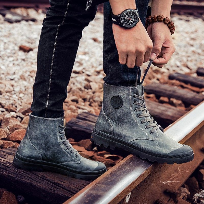 Waterdichte heren leren laarzen warme casual heren tooling laarzen katoenen hoge leren heren platte martin laarzen: Grijs / 9.5