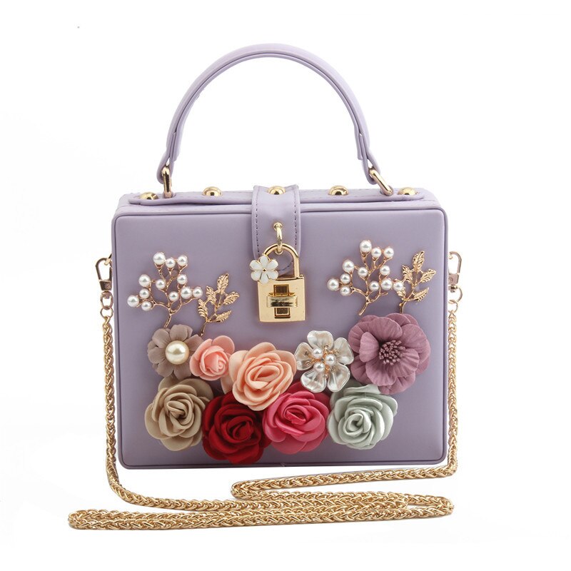 Luxe Handtassen Voor Vrouwen Diamant Schouder Crossbody Tassen Kettingen Avond Flappen Dames Bloem Doos Lock Clutch Purse: Purple