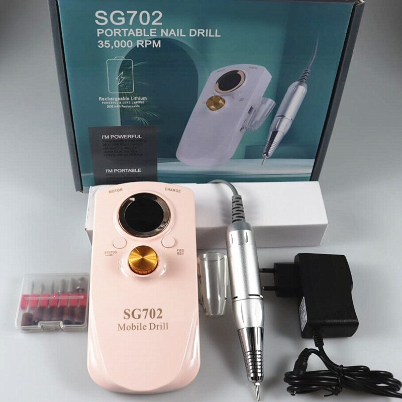 Portable Rechargeable Nail Drill Machine 35000RPM Manicure Machine Electric Nail File Nail Art Tools Set for Nail Drill bit: 702 pink