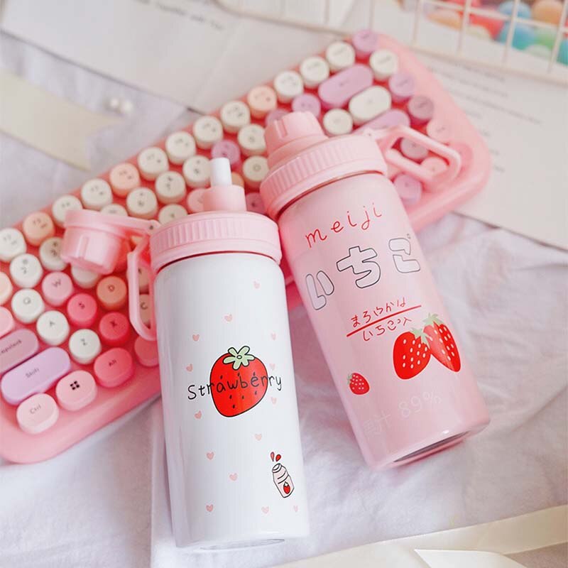 400ML Cute Pink Strawberry Water Bottle Travel Kawaii 304 Stainless Steel Thermos Bottle With Straw Birthday Girl Women
