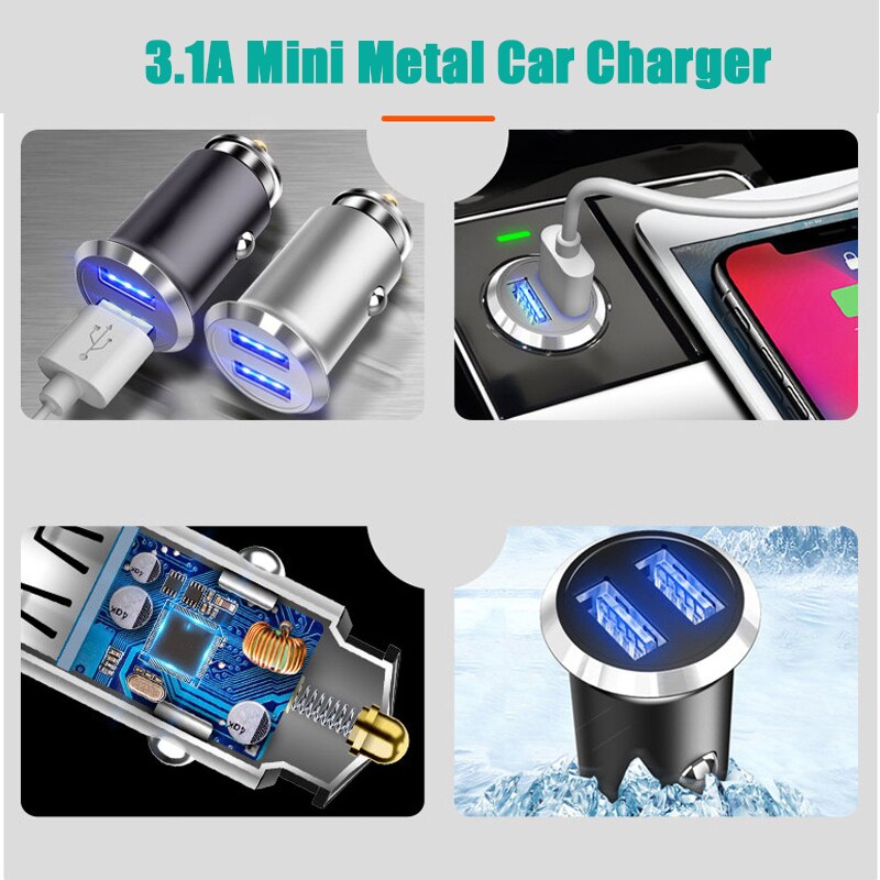 Metalen 3.1A Ultra Mini Usb Autolader Mobiele Telefoon Auto Usb Lader Sigarettenaansteker Verborgen Auto-Oplader Voor Iphone lader