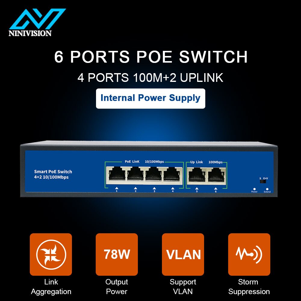 4 Port PoE switch for ip camera with 2 port 100M uplink 1 port SFP PoE Ethernet Switch PoE 52V switch